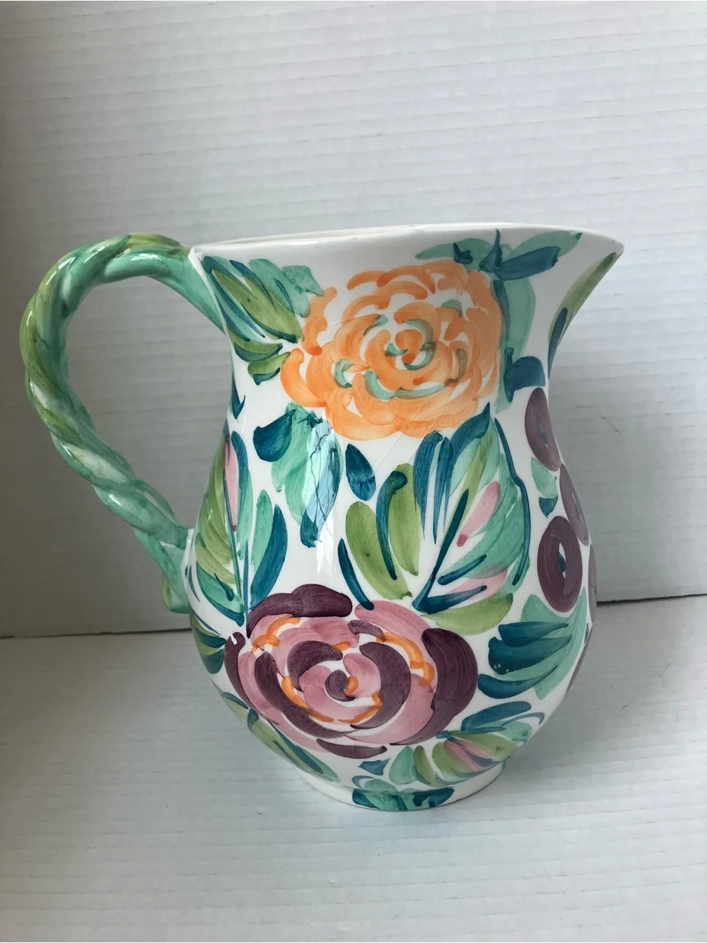 Crate&Barrel Hand-Painted Floral Fruit Ceramic Pitcher in Green  Yellow Red Blue